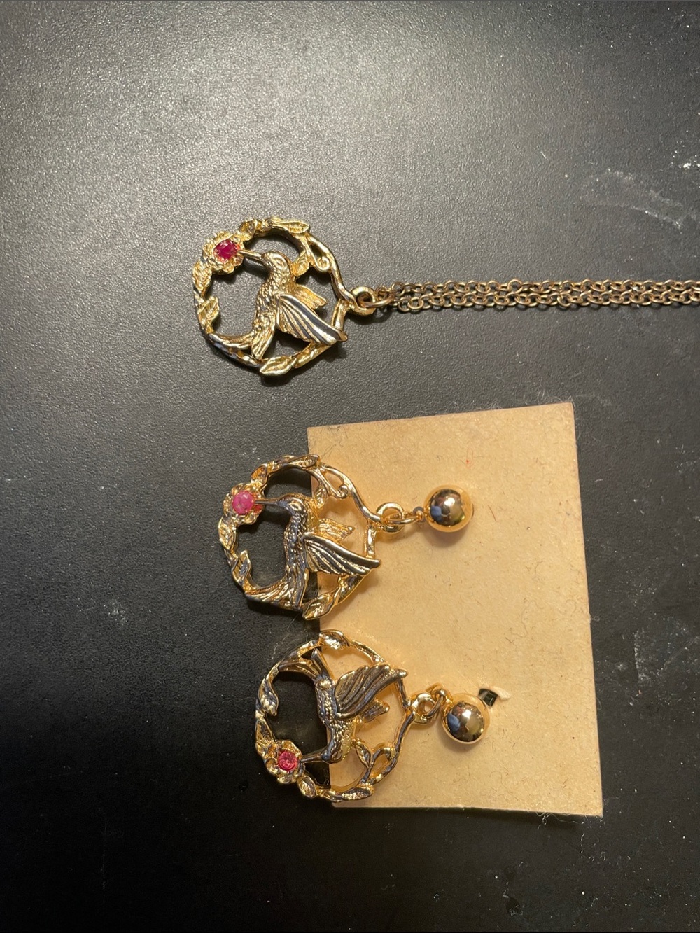 Gold Tone Hummingbird Pendant Necklace and Drop Earrings Set with Pink Stone